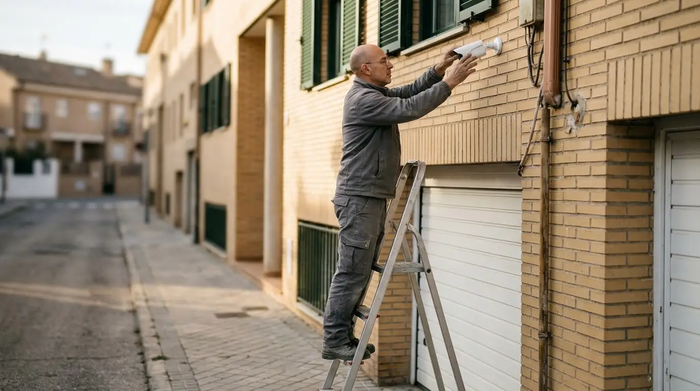 Instalador de unos cuarenta años con ropa de trabajo gris orientando una cámara de exterior en la fachada de un chalé adosado de ladrillo, junto a la puerta del garaje