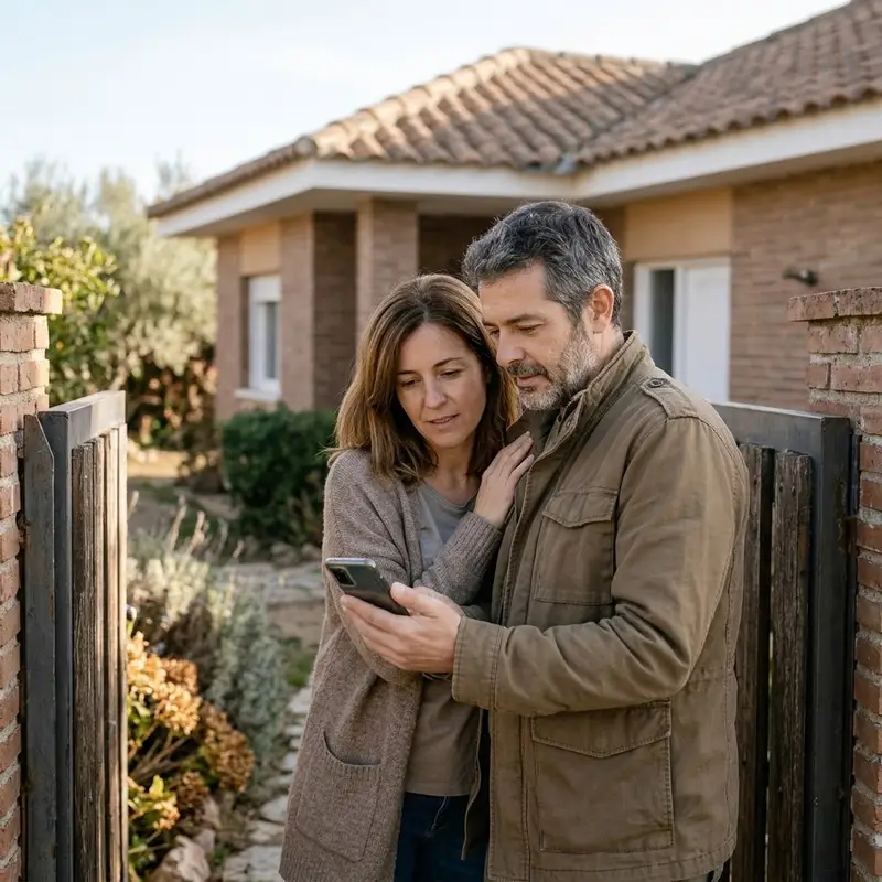 Pareja de unos cuarenta años mirando en el móvil la imagen de la cámara de su chalé, en la puerta del jardín