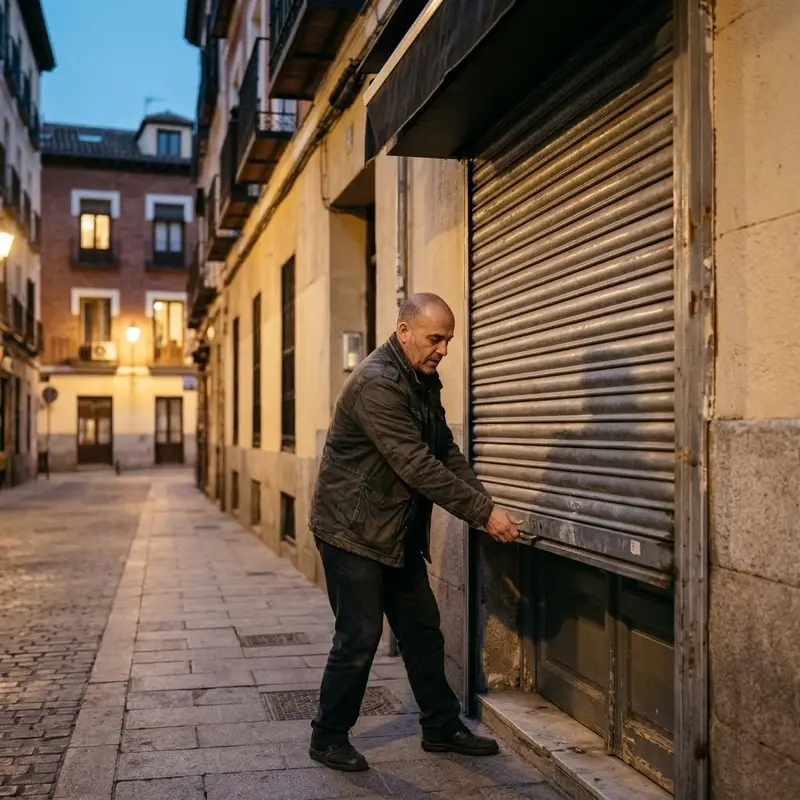 Hombre de unos cincuenta años bajando la persiana metálica de su tienda de barrio en Madrid al atardecer
