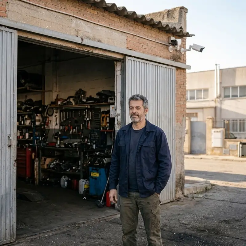 Dueño de un taller de unos cincuenta y cinco años junto a la puerta de su nave en un polígono industrial de Madrid