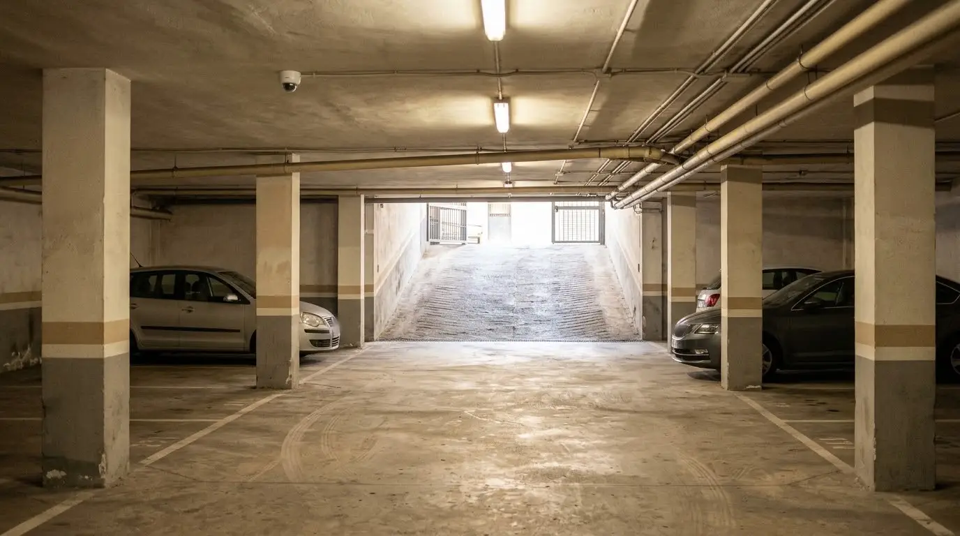 Garaje comunitario de un edificio de viviendas con plazas numeradas sin texto legible y una cámara de seguridad tipo domo en el techo, junto a la rampa de salida