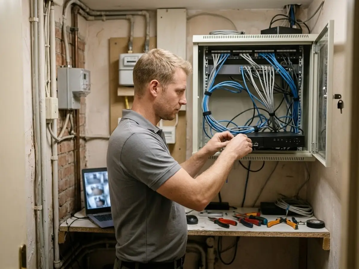 Instalador de unos treinta y cinco años con ropa de trabajo lisa configurando un grabador de cámaras en un armario de un cuarto técnico, con un portátil al lado
