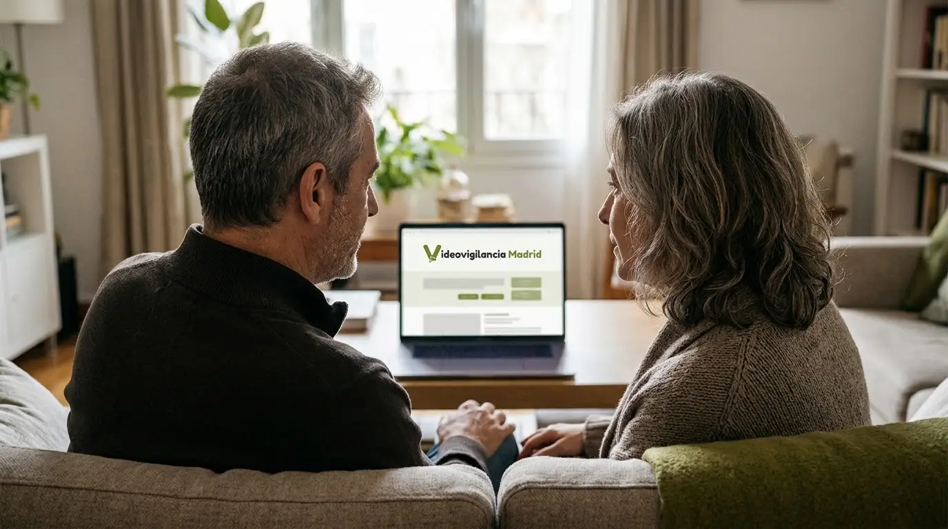 Pareja de unos cincuenta años sentada en el sofá de su casa con el portátil abierto en la web de Videovigilancia Madrid