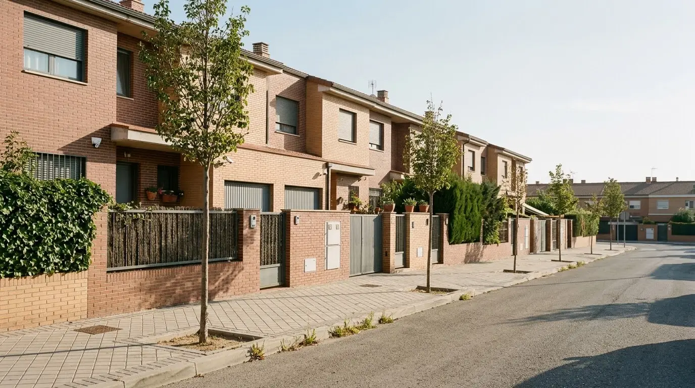 Calle tranquila de chalés adosados de ladrillo con pequeños jardines delanteros y puertas de garaje en una urbanización del sureste de Madrid, a media tarde
