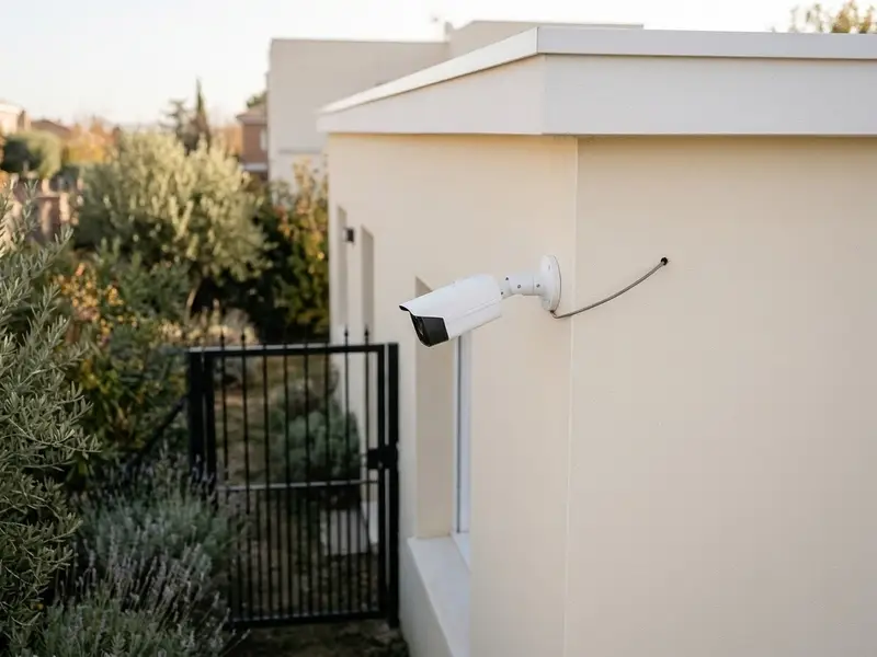 Cámara de seguridad blanca de exterior instalada en la esquina de la fachada de un chalé, junto a la puerta del jardín