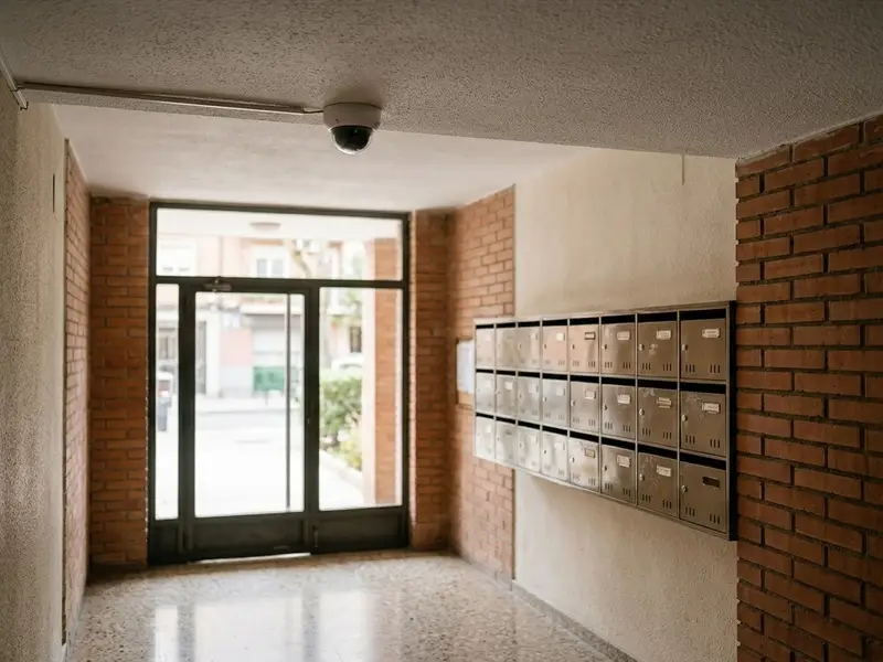 Cámara de seguridad tipo domo en el techo del portal de un edificio de viviendas, con buzones y la puerta de cristal al fondo