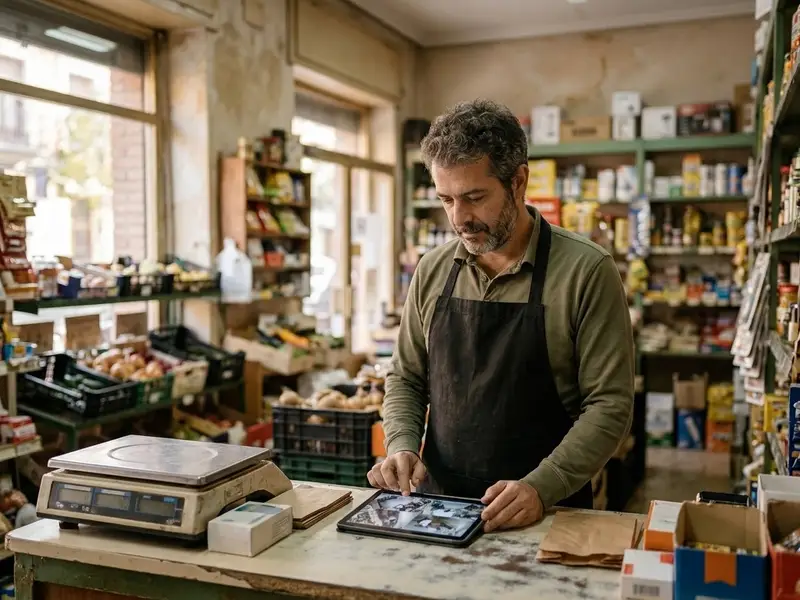 Dueño de una pequeña tienda de barrio mirando en una tablet las imágenes de las cámaras de su local, detrás del mostrador